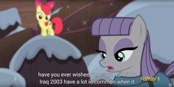 Size: 1920x960 | Tagged: safe, screencap, apple bloom, maud pie, hearthbreakers, discovery family logo, iraq, meme, youtube caption