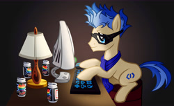 Size: 10560x6459 | Tagged: safe, artist:tygerbug, oc, oc only, oc:bashscript, pony, absurd resolution, cider, computer, glasses, solo