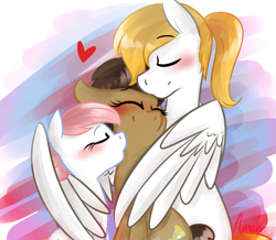 Size: 1145x1000 | Tagged: safe, artist:lilliesinthegarden, doctor whooves, nurse redheart, oc, oc:ice shine, earth pony, pegasus, pony, aftersex, bisexual, blushing, canon x oc, cute, eyes closed, female ice shine, femboy, heart, hug, imminent sex, implied gay, implied group sex, implied lesbian, implied sex, implied shipping, implied threesome, kissing, love, lucky bastard, male, nurse turner, ponytail, rule 63, shipping, stallion, straight, winghug, x gets all the mares