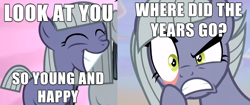 Size: 986x416 | Tagged: safe, edit, edited screencap, screencap, limestone pie, marble pie, hearthbreakers, the cutie mark chronicles, age progression, akanbe, angry, caption, comparison, cute, filly, happy, image macro, limabetes, meme, party pooper pants, quote, spongebob squarepants