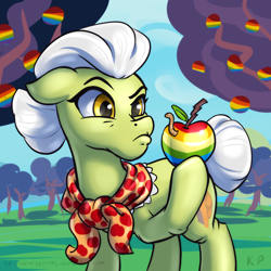 Size: 1500x1500 | Tagged: safe, artist:kp-shadowsquirrel, granny smith, earth pony, worm, adorasmith, apple, apple tree, cute, female, frown, mare, solo, tree, zap apple, zap apple tree