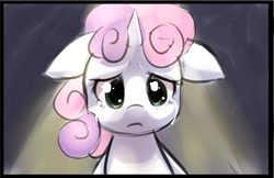 Size: 800x517 | Tagged: safe, artist:starshinebeast, sweetie belle, crying, cute, dark, filly, floppy ears, sad, solo