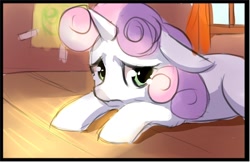 Size: 800x518 | Tagged: safe, artist:starshinebeast, sweetie belle, cute, depressed, filly, floor, foal, prone, sad, solo