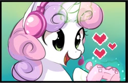 Size: 800x521 | Tagged: safe, artist:starshinebeast, sweetie belle, controller, cute, excited, filly, foal, gamer, gaming, happy, magic, solo