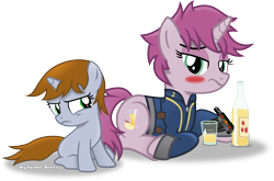 Size: 3388x2236 | Tagged: safe, artist:vector-brony, oc, oc only, oc:littlepip, oc:littlepip's mother, pony, unicorn, fallout equestria, blank flank, blushing, bottle, cider, clothes, cute, cutie mark, drunk, fanfic, fanfic art, female, filly, foal, glass, hooves, horn, mare, mother and child, mother and daughter, parent and child, pipbuck, prone, simple background, sitting, transparent background, vault suit, vector, young, younger