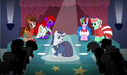 Size: 5000x2950 | Tagged: safe, artist:mintydrop2013, moonlight raven, oc, oc:autumn harvest, oc:cherry plant, oc:midna, oc:minty fresh, pony, unicorn, clothes, dress, fashion show, female, mare, pregnant, spotlight, story in the source