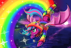 Size: 3000x2000 | Tagged: safe, artist:lumineko, oc, oc only, oc:spanking shade, bat pony, pony, cat ears, clothes, cute, cutie mark, hoodie, nyan cat, parkour, rainbow socks, rainbows, socks, solo, sparkly, striped socks