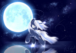 Size: 1024x711 | Tagged: safe, artist:musicfirewind, oc, oc only, oc:silverlay, moon, reflection, running, solo, stars