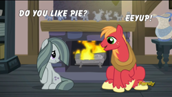 Size: 960x540 | Tagged: safe, edit, edited screencap, screencap, big macintosh, marble pie, earth pony, pony, hearthbreakers, caption, eeyup, female, fire, fireplace, male, marblemac, mare, shipping, stallion, straight