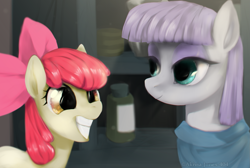 Size: 1553x1042 | Tagged: safe, artist:akivia-jones-404, apple bloom, maud pie, hearthbreakers, scene interpretation, smiling