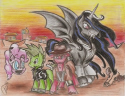 Size: 900x687 | Tagged: safe, artist:smoking-mist, oc, oc only, oc:cherry pie, oc:god, oc:pink-e, alicorn, bat pony, pony, fallout equestria, fallout equestria: new pegas, alicorn oc, skull