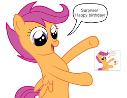 Size: 4296x3328 | Tagged: safe, artist:catiron, scootaloo, birthday, droste effect, inception, meme, recursion, smiling, solo