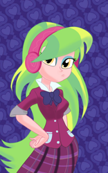 Size: 1024x1638 | Tagged: safe, artist:theroyalprincesses, lemon zest, equestria girls, friendship games, clothes, crystal prep academy, crystal prep academy uniform, crystal prep shadowbolts, headphones, looking at you, pleated skirt, school uniform, skirt, solo