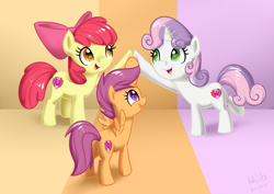 Size: 1209x855 | Tagged: safe, artist:habijob, apple bloom, scootaloo, sweetie belle, earth pony, pegasus, pony, unicorn, crusaders of the lost mark, cutie mark, cutie mark crusaders, female, filly, hoofbump, the cmc's cutie marks