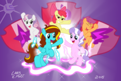 Size: 4385x2944 | Tagged: safe, artist:lars99, apple bloom, diamond tiara, scootaloo, sweetie belle, oc, oc:ilovekimpossiblealot, crusaders of the lost mark, cutie mark, cutie mark crusaders, glowing cutie mark, the cmc's cutie marks, tiaralove