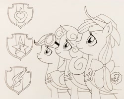 Size: 2780x2226 | Tagged: safe, artist:lunaroz, apple bloom, scootaloo, sweetie belle, crusaders of the lost mark, cutie mark, cutie mark crusaders, goggles, hat, monochrome, older, the cmc's cutie marks, traditional art