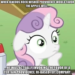 Size: 500x500 | Tagged: safe, screencap, cloudy quartz, igneous rock pie, sweetie belle, pony, unicorn, hearthbreakers, exploitable meme, female, filly, hasbro, horn, image macro, meme, providence, quartzrock, solo, sudden clarity sweetie belle, text, two toned mane, white coat, wide eyes