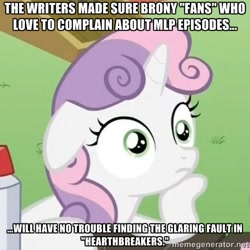 Size: 500x500 | Tagged: safe, screencap, sweetie belle, pony, unicorn, hearthbreakers, complaining, exploitable meme, female, filly, holder's boulder, horn, image macro, meme, pun, solo, sudden clarity sweetie belle, text, two toned mane, white coat, wide eyes