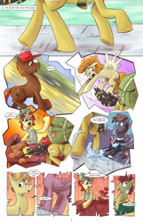 Size: 1253x1950 | Tagged: safe, artist:saturdaymorningproj, oc, oc only, bat pony, earth pony, pegasus, pony, unicorn, comic:a princess' worth, alternate universe, apple, comic, food, fruit, orange, running