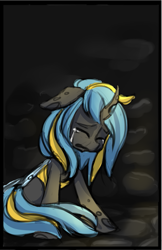 Size: 695x1073 | Tagged: safe, artist:starshinebeast, oc, oc only, oc:echo, changeling, blue changeling, changeling oc, crying, cuteling, double colored changeling, female, prison, sad, solo, yellow changeling