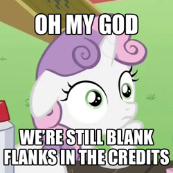 Size: 460x460 | Tagged: safe, sweetie belle, pony, unicorn, spoiler:s05, exploitable meme, female, filly, horn, image macro, meme, solo, sudden clarity sweetie belle, text, two toned mane, white coat, wide eyes