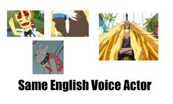 Size: 964x578 | Tagged: safe, chief thunderhooves, flam, rover, english, exploitable meme, meme, one piece, same voice actor, scott mcneil, shiki, shiki the golden lion, strong world