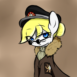 Size: 1500x1500 | Tagged: safe, artist:fullmetalpikmin, oc, oc only, earth pony, pony, fallout equestria, armband, aryan pony, clothes, concept art, fanfic, female, glasses, hat, jacket, knot, looking away, military, moon, sun, upper body