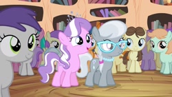 Size: 1280x720 | Tagged: safe, screencap, alula, aquamarine, cotton cloudy, diamond tiara, dinky hooves, first base, gallop j. fry, heidi hay, noi, peach fuzz, ruby pinch, silver spoon, tornado bolt, season 4, twilight time