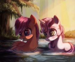 Size: 1000x818 | Tagged: safe, artist:annielith, scootaloo, sweetie belle, duck pony, blushing, crepuscular rays, cute, forest, open mouth, pond, smiling, water, wet, wet mane