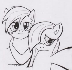 Size: 900x878 | Tagged: safe, artist:shikogo, big macintosh, marble pie, earth pony, pony, hearthbreakers, male, marblemac, monochrome, selfie, shipping, stallion, straight, traditional art