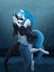 Size: 3000x4000 | Tagged: safe, artist:askbubblelee, oc, oc only, oc:bubble lee, oc:imago, oc:mako, anthro, hybrid, orca pony, original species, unguligrade anthro, unicorn, anthro oc, blushing, couple, fanfic in the description, looking at each other, male, oc x oc, ocean, rain, shipping, straight, wet, wet mane