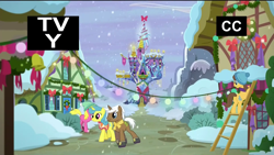 Size: 1366x768 | Tagged: safe, screencap, caramel, cherry berry, lemon hearts, mochaccino, rare find, earth pony, unicorn, hearthbreakers, female, male, mare, snow, snowfall, stallion, tv rating, tv-y, twilight's castle