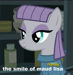 Size: 698x719 | Tagged: safe, edit, edited screencap, screencap, maud pie, earth pony, pony, hearthbreakers, caption, cute, discovery family logo, female, mare, maudabetes, smiling, solo, text, when she smiles