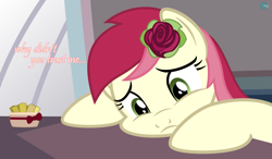 Size: 2841x1664 | Tagged: safe, artist:arifproject, roseluck, pony, boutique depression, exotic butters, flower, flower in hair, looking down, rose, sad, sister location, solo, squishy cheeks, unhappy