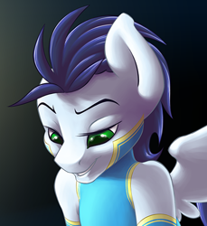 Size: 436x477 | Tagged: source needed, useless source url, safe, artist:jarwis, edit, soarin', anthro, bedroom eyes, cropped, explicit source, smirk, solo, wonderbolts uniform