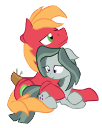 Size: 1440x1802 | Tagged: artist needed, source needed, safe, big macintosh, marble pie, earth pony, pony, alternate hairstyle, bedroom eyes, cuddling, floppy ears, hug, male, marblemac, shipping, simple background, size difference, smiling, snuggling, stallion, straight, transparent background