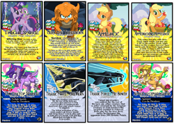 Size: 1783x1269 | Tagged: safe, artist:terry, derpibooru import, applejack, spike, twilight sparkle, dinosaur, appleachycephalosaurus, card game, cera, crossover, don bluth, original character do not steal, pachycephalosaurus, species swap, the land before time, triceratops