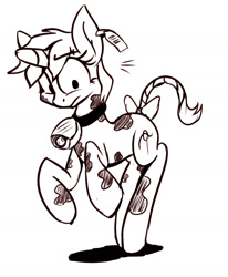 Size: 1280x1551 | Tagged: safe, artist:emberkaese, oc, oc only, oc:velvet pastry, cow, cow pony, unicorn, bell, bell collar, bow, collar, cowbell, cowified, digital art, ear tag, female, mare, monochrome, rearing, sketch, solo, species swap, tail bow