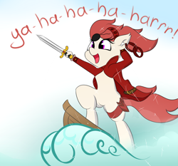 Size: 1500x1398 | Tagged: safe, artist:n0nnny, oc, oc only, oc:rosa lanzar, pony, bipedal, clothes, dialogue, eyepatch, laughing, pirate, solo, sword, weapon, wide eyes