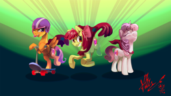 Size: 2954x1662 | Tagged: safe, artist:alumx, apple bloom, scootaloo, sweetie belle, crusaders of the lost mark, cape, clothes, cmc cape, cutie mark, cutie mark crusaders, helmet, scooter, the cmc's cutie marks