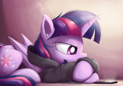 Size: 2700x1900 | Tagged: safe, artist:bugplayer, twilight sparkle, twilight sparkle (alicorn), alicorn, pony, bored, clothes, crossed hooves, cute, earbuds, female, gradient background, hoodie, ipod, lidded eyes, listening, looking down, lying down, mare, mp3 player, music, prone, purple background, simple background, solo, twiabetes
