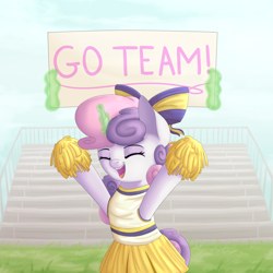 Size: 2000x2000 | Tagged: safe, artist:vanillaghosties, sweetie belle, banner, cheering, cheerleader, clothes, cute, diasweetes, magic, pom pom, skirt, solo