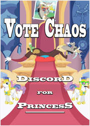 Size: 800x1120 | Tagged: safe, artist:cosmicwaltz, discord, crown, eyes closed, grin, on back, princess, propaganda, royal guard, smiling, throne, vote