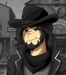 Size: 1915x2160 | Tagged: safe, artist:ciderpunk, derpibooru exclusive, oc, oc only, oc:coldbrewcoffee, human, beard, clothes, cowboy, facial hair, hat, humanized, humanized oc, scar, scarf, solo, western