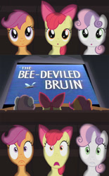 Size: 635x1024 | Tagged: safe, apple bloom, scootaloo, sweetie belle, cutie mark crusaders, exploitable meme, looney tunes, meme, merrie melodies, theater meme