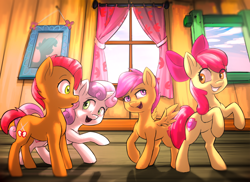 Size: 2750x2000 | Tagged: safe, artist:voxelfyre, apple bloom, babs seed, scootaloo, sweetie belle, crusaders of the lost mark, backwards cutie mark, clubhouse, crusaders clubhouse, cutie mark, cutie mark crusaders, the cmc's cutie marks