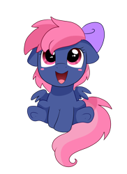 Size: 2550x3509 | Tagged: safe, artist:pridark, oc, oc only, oc:ribbon moon, earth pony, pegasus, pony, 2018 community collab, blush sticker, blushing, bow, cute, derpibooru community collaboration, female, filly, floppy ears, hair bow, looking up, ocbetes, open mouth, simple background, sitting, smiling, solo, transparent background