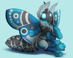 Size: 6320x5000 | Tagged: safe, artist:unpeeledwasp, oc, oc:lightningflash, changeling, moth, mothling, original species, absurd resolution, blue background, blue changeling, fluffy, signature, simple background, solo, species swap, unshorn fetlocks, wings