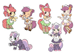 Size: 900x636 | Tagged: safe, artist:kongyi, apple bloom, scootaloo, sweetie belle, human, pony, adorabloom, bipedal, clothes, cute, cutealoo, cutie mark crusaders, diasweetes, eared humanization, horned humanization, human ponidox, humanized, maid, skirt, tailed humanization, winged humanization