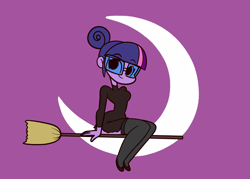 Size: 2100x1500 | Tagged: safe, artist:khuzang, sci-twi, twilight sparkle, equestria girls, adorkable, bewitched, broom, crescent moon, cute, dork, flying, flying broomstick, glasses, looking back, moon, night, nightmare night, sitting, smiling, solo, twiabetes, witch